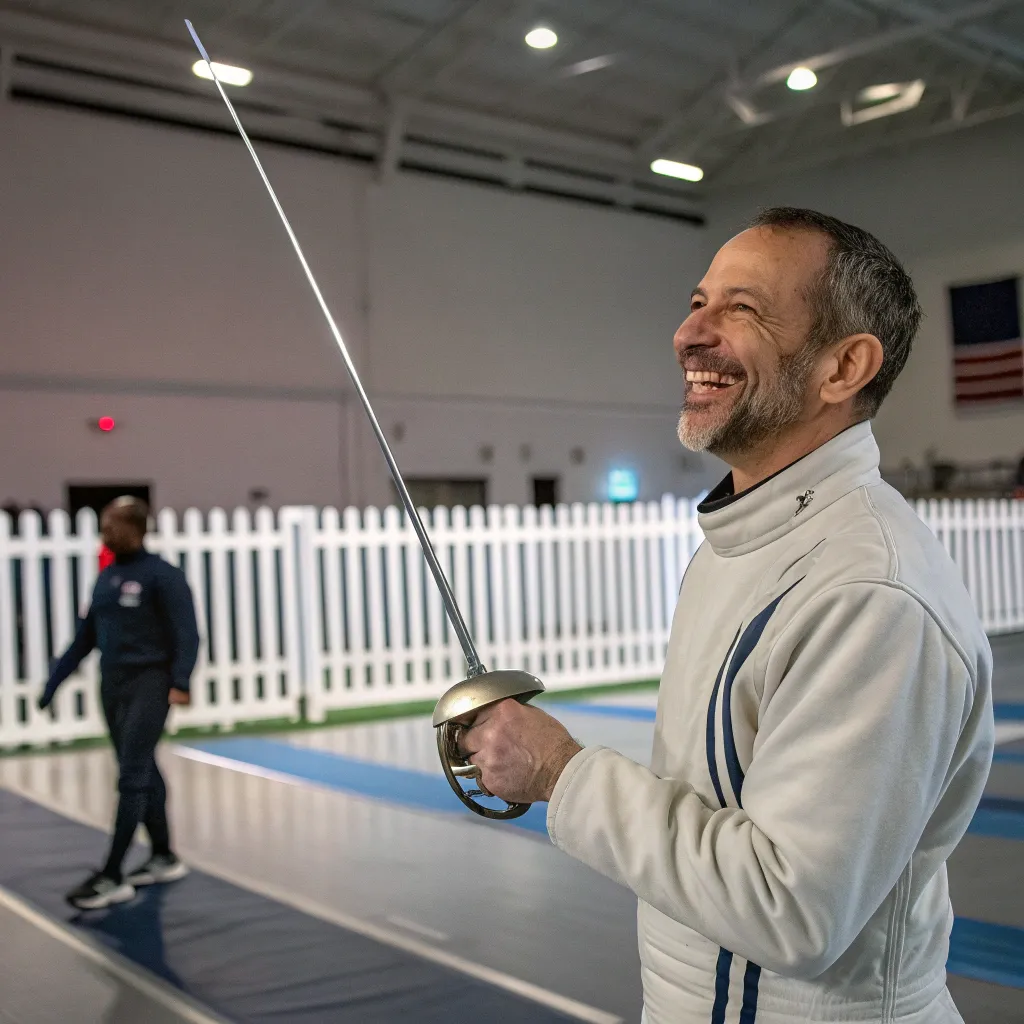 A satisfied customer holding a fencing sword
