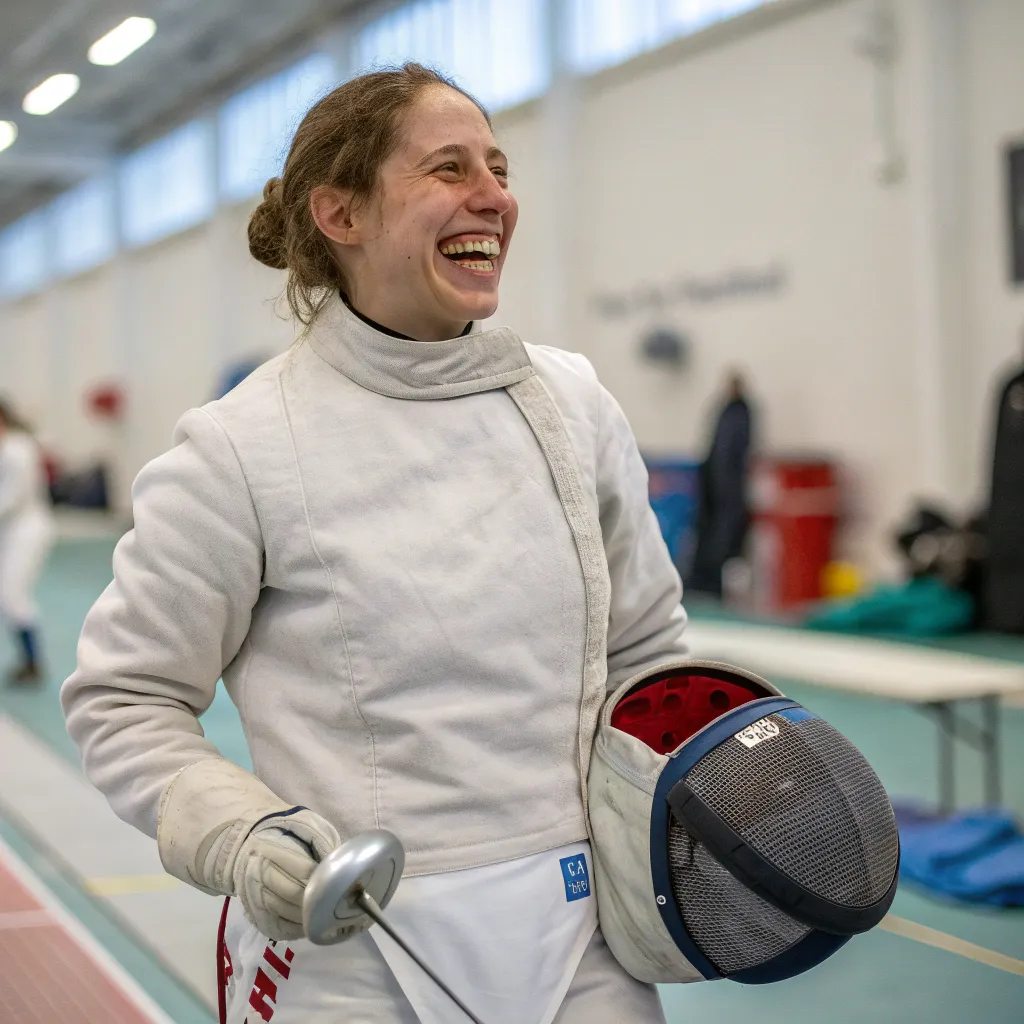 Happy customer wearing fencing gear